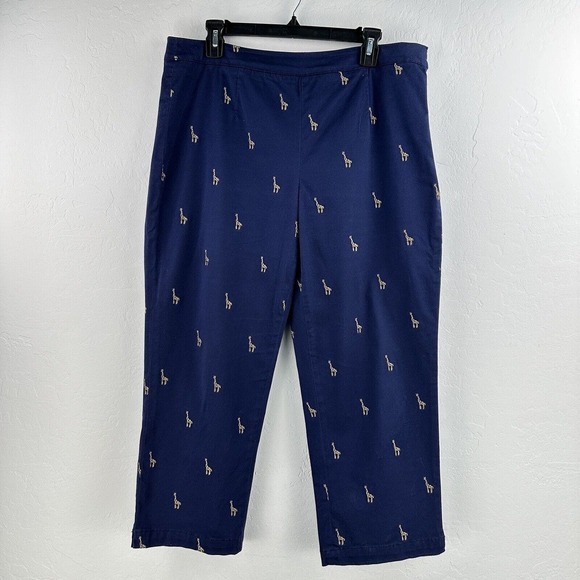 Coldwater‎ Creek Capri Pants Womens 12 Embroidered Giraffe Navy Blue Side Zip - Picture 1 of 7
